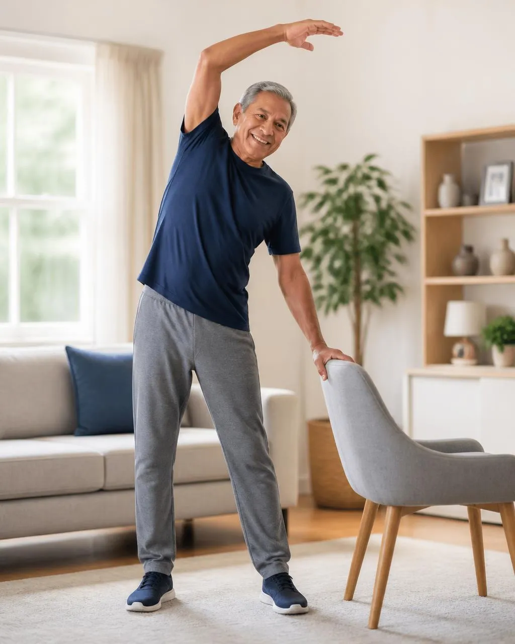 A seated chair yoga movement practised at home